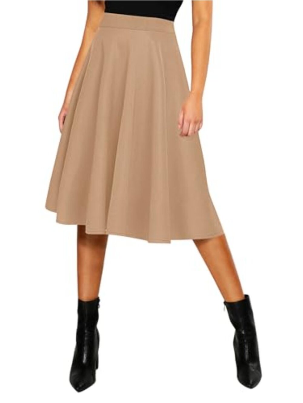 A-line Flared Midi Skirt Elastic Waist Pleated Skater Skirt